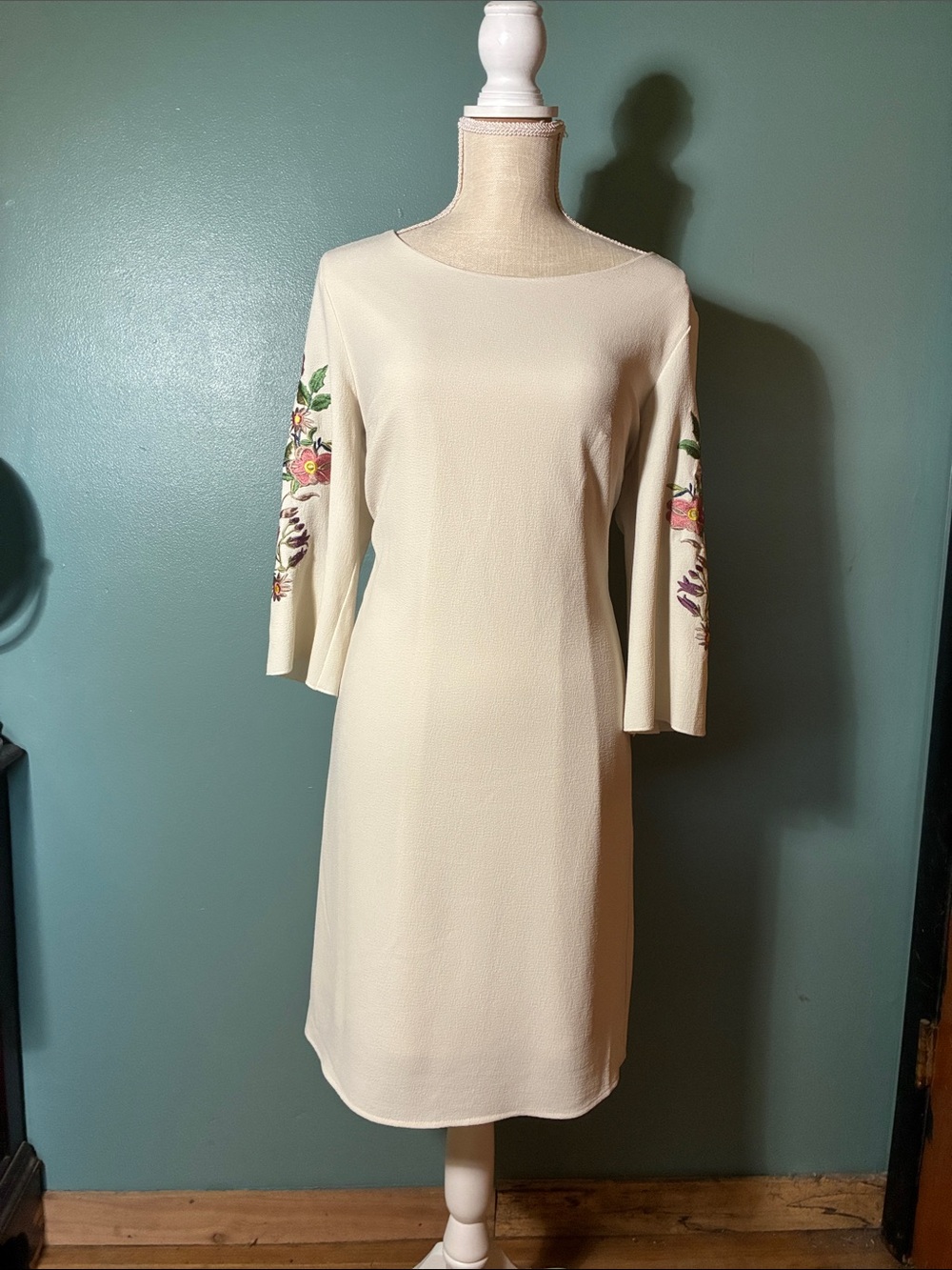 Ivory Long-Sleeve Shift Dress with Embroidered Sleeves